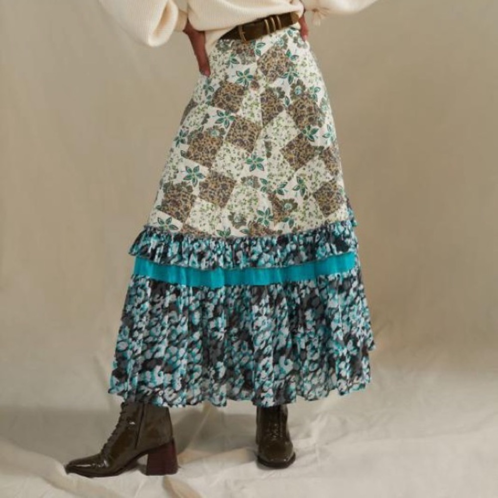 Anthropologie Floral Patchwork Tiered Maxi Skirt in Teal and Cream